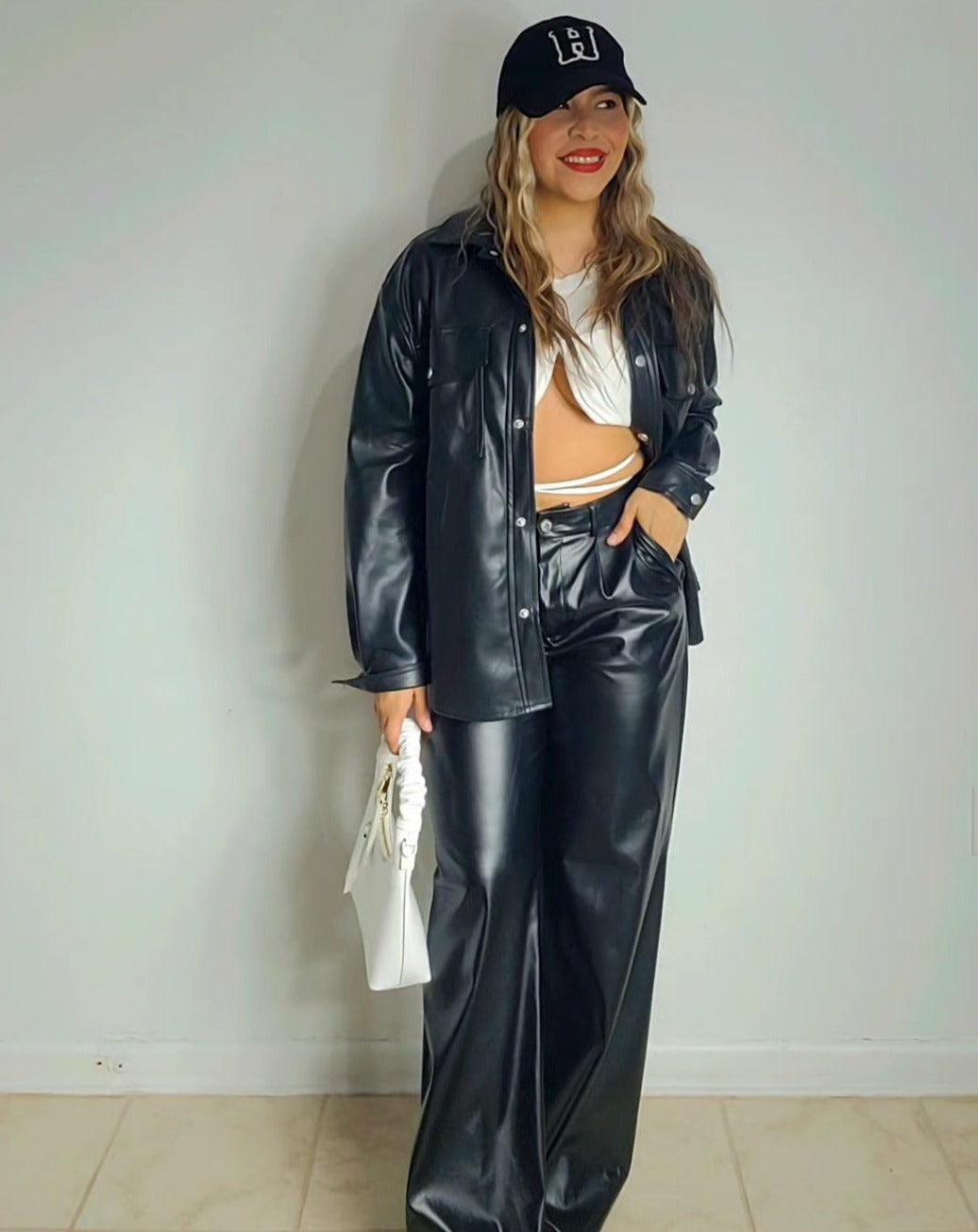 Leather wide leg trouser - Black