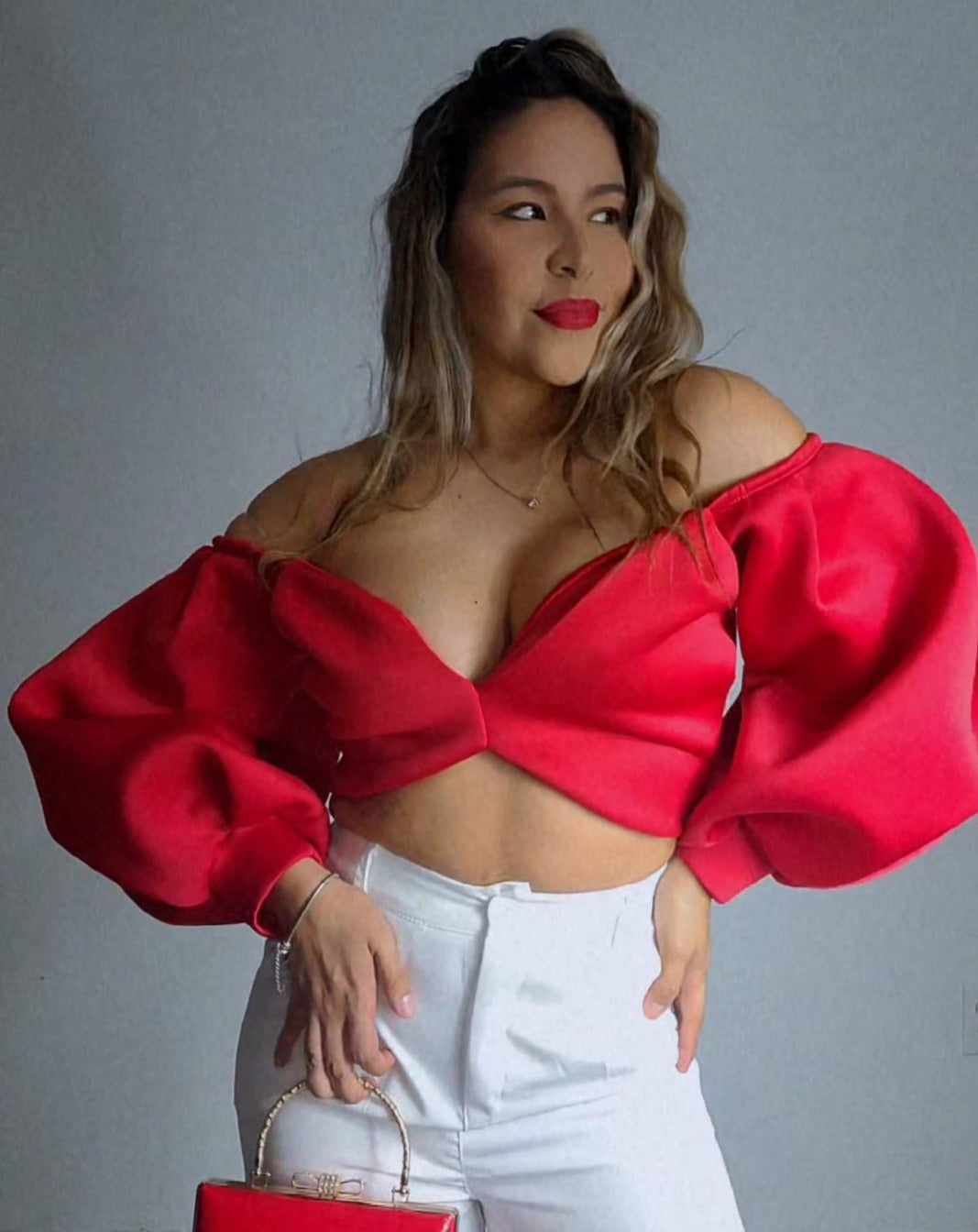 PUFFY SLEEVE CROP TOP - RED