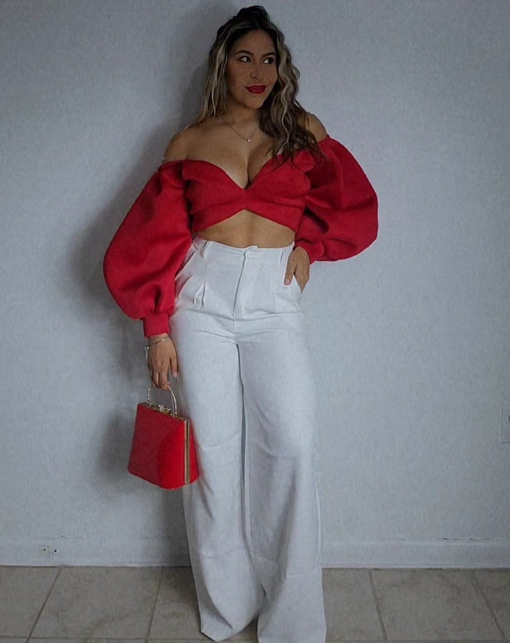 PUFFY SLEEVE CROP TOP - RED