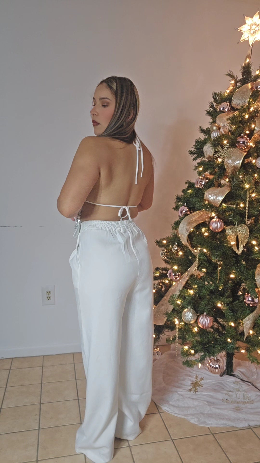 Sequin Halter Open back Top - Ivory Silver