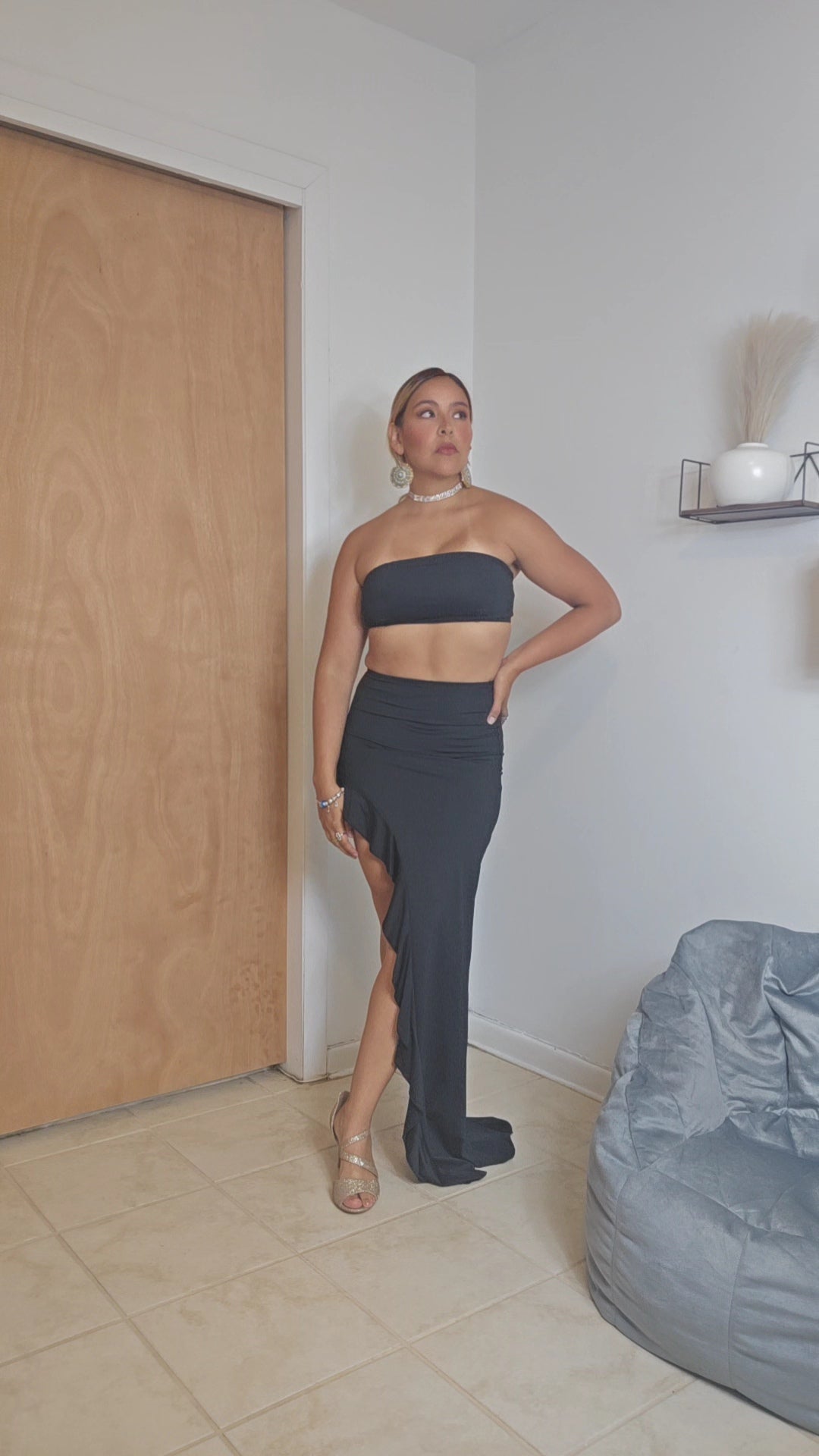 Tube top & asymmetric maxi skirt set - black