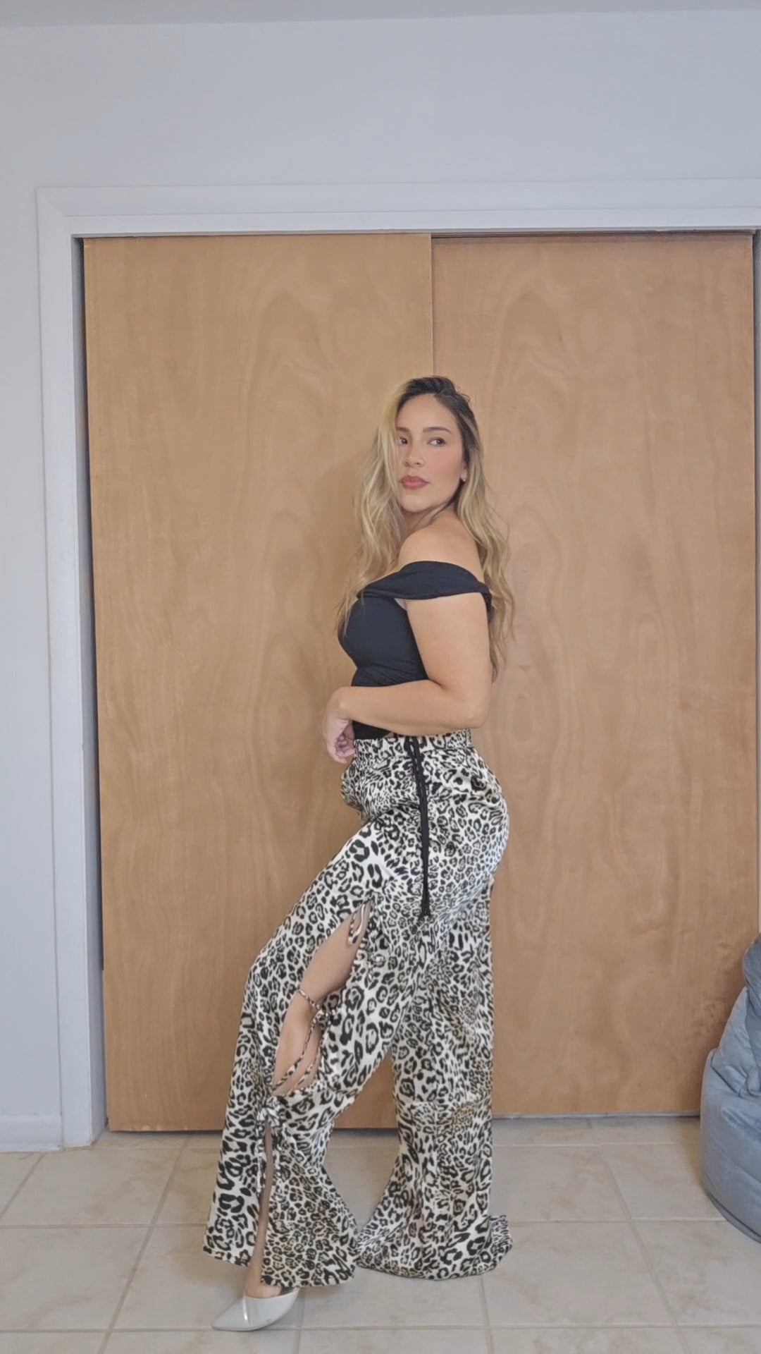 Leopard Open side tie Wide Pants