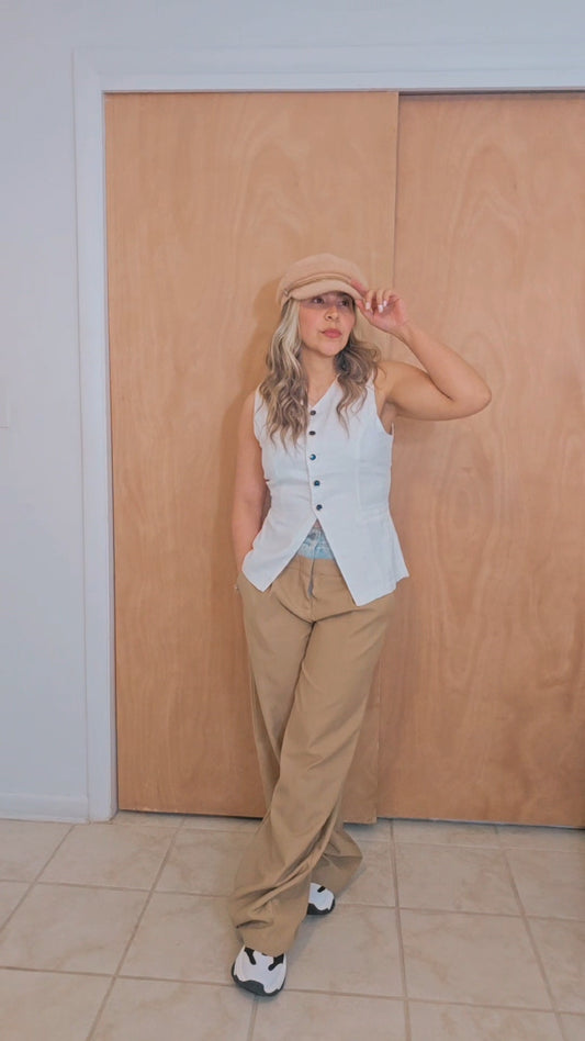 button down linen Vest- White