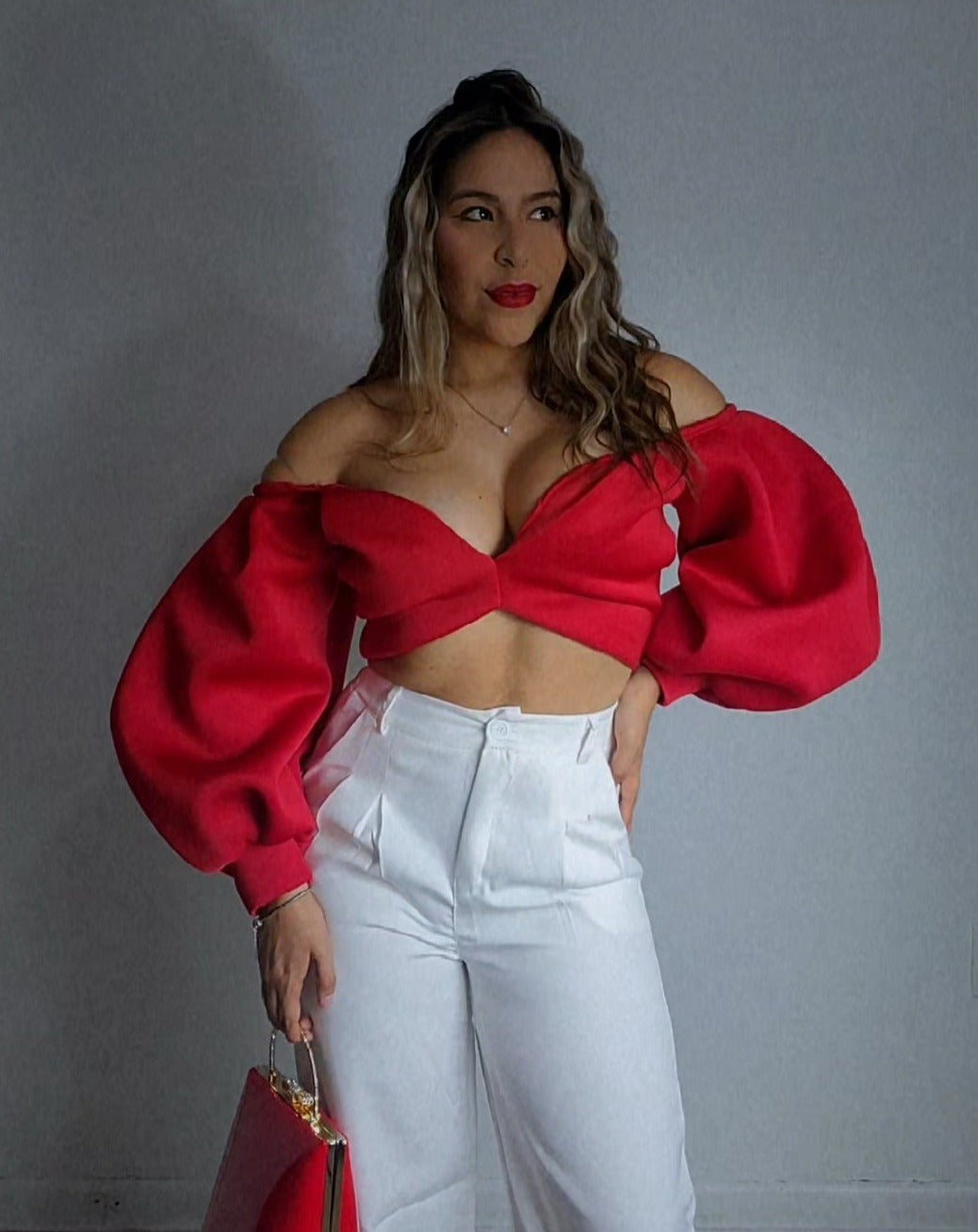 PUFFY SLEEVE CROP TOP - RED